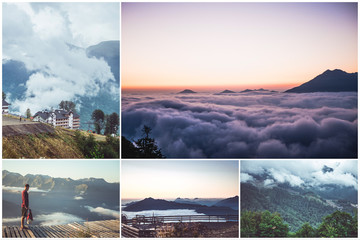 collage of five photos of mountain aerial landscapes scenery