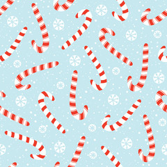 Obraz premium Colorful Hand Drawn Holiday Christmas and New Year Candy Canes and White Snowflakes Vector Seamless Pattern