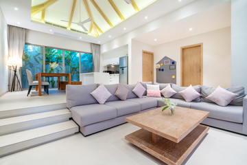 interior design in living room with open kitchen area