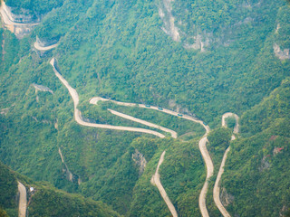 Beautiful Top view of Tongtian Road the winding Road  99  curves road to The Heaven's Gate, Zhangjiagie, Tianmen Mountain National Park, Hunan, China