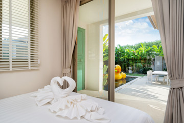 Interior design in bedroom of pool villa