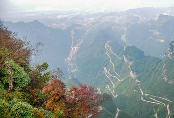 Beautiful Top view of Tongtian Road the winding Road  99  curves road to The Heaven's Gate, Zhangjiagie, Tianmen Mountain National Park, Hunan, China