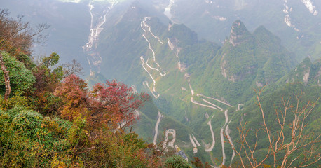Beautiful Top view of Tongtian Road the winding Road  99  curves road to The Heaven's Gate, Zhangjiagie, Tianmen Mountain National Park, Hunan, China