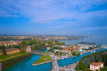 Fototapeta na wymiar Aerial photography with drone. Beautiful view of the city of Peschiera del Garda, Italy.