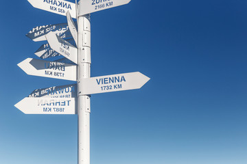 Sign indicating directions and distances to different cities of the world. The direction of the cities on the background of blue sky. Observation deck at the top of Tahtali mountain. Kemer, Turkey