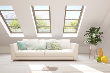 Stylish room in white color with sofa and summer landscape in window. Scandinavian interior design. 3D illustration