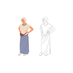 Obraz premium Standing young girl character in dress, with waist bag, casual outfit. Isolated on white. Flat style colorful and monochrome cartoon stock vector illustration.