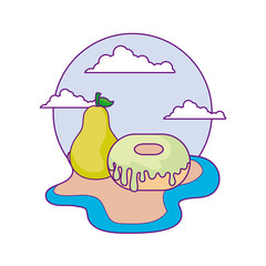 delicious donut with pear fruit in beach