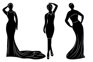 Young wemen in evening dresses for a party silhouettes 