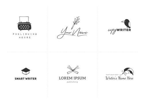 Set of vector hand drawn logo templates. Writing, publishing and copywrite theme.