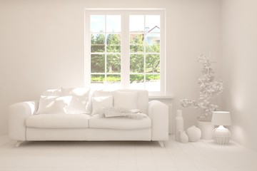 Mock up of stylish room in white color with sofa and green landscape in window. Scandinavian interior design. 3D illustration