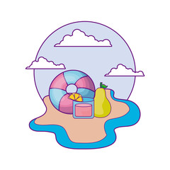 float with juice and pear fruit in beach