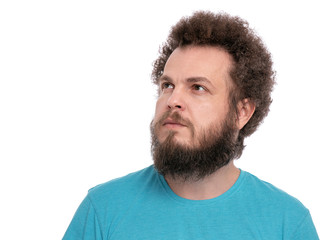 Fototapeta premium Crazy bearded Man with funny Curly Hair, isolated on white background. Looking away. Emotions and signs concept.