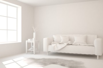 Mock up of stylish room in white color with sofa. Scandinavian interior design. 3D illustration