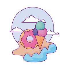 delicious ice cream with donut pastry in beach
