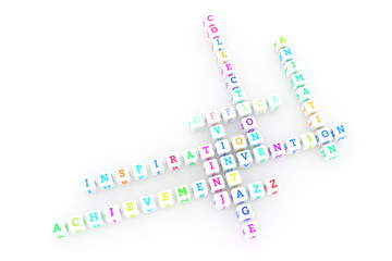 Office, creative keyword crossword. For web page, graphic design, texture or background. 3D rendering.