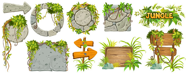 Set cartoon game wooden and stone boards in jungle style with space for text. Isolated gui panels with tropical lianas and rocks. Vector illustration on white background.  © valadzionakvolha