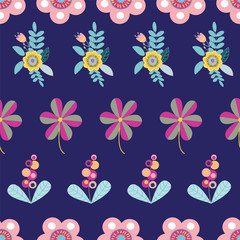 Vector folk floral motifs seamless pattern on dark blue.