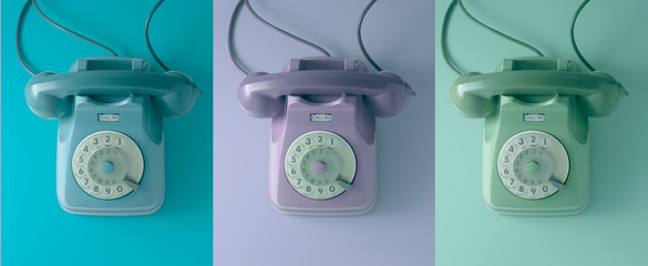 Three vintage dial telephones with colored background.
