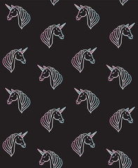 Vector seamless pattern of holographic hand drawn doodle unicorn head isolated on black background
