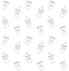 Vector seamless pattern of black line drawn take away coffee tea milk shake pattern isolated on white background
