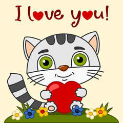 Cute kitty with red heart in his paws, sitting on floral meadow and text I love you
