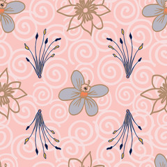 Vector tropical flowers seamless pattern repeat on light pink background