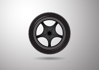 Wheel icon on gray gradient background. Tire on black wheels.