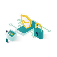 isometric data security illustration, people data security in isometric style design