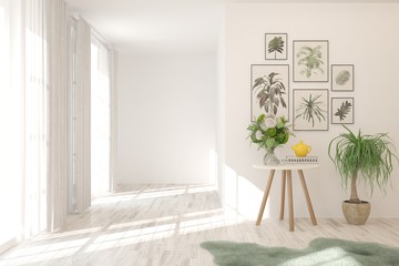 Empty room in white color. Scandinavian interior design. 3D illustration