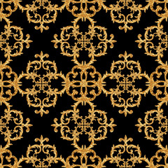 Baroque golden elements ornamental seamless pattern. Watercolor hand drawn gold element texture on black background.