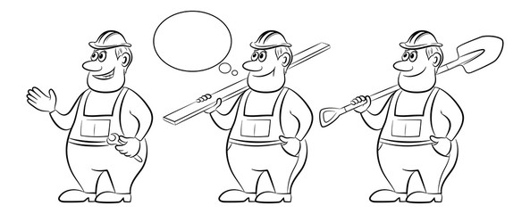Cartoon Workers in Overalls, Set. With a Board, Spanner and Shovel. Black Contours Isolated on White Background. Vector