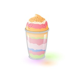 Multicolor appetizing parfait in glass. Fruit and berry dessert. Frozen yogurt. Banana, pistachio, strawberry sweet dish, gelato, sundae. Vector cartoon icon isolated on white background.