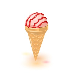 Fruit or berry ice cream in wafer cone decorated syrup or caramelized sugar. Strawberry gelato or frozen yogurt. Summer dessert for hot weather. Vector cartoon icon isolated on white background.