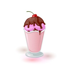 Berry dessert decorated chocolate glaze with cherry on top served in jelly glass. Strawberry ice cream. Frozen yogurt. Blueberry sorbet. Cartoon vector icon isolated on white background.