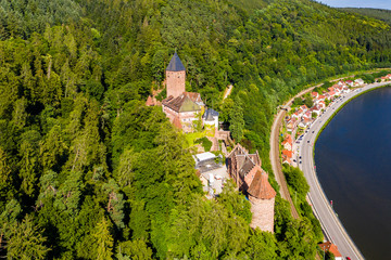 Fototapeta na wymiar Aerial view, Zwingenberg Castle, river Neckar, Odenwald, Baden-Wurttemberg, Germany