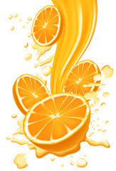 Fresh orange slice with splashing liquid, Natural Beverage Product Concept for, Vector illustration