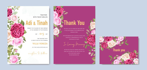 Fototapeta na wymiar wedding invitation card with floral and leaves wreath template