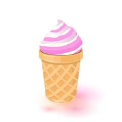 Vanilla ice cream with berry syrup in wafer cone. White and pink gelato cornet. Summer dessert for children. Frozen yogurt. Vector cartoon illustration isolated on white background.