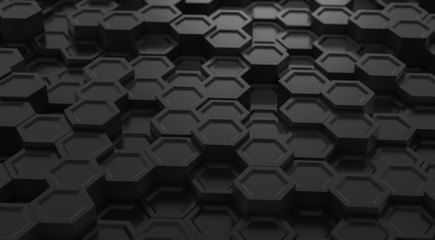 Black geometric hexagon concept. Abstract technology hexagonal background. Modern element for design. 3d rendering.