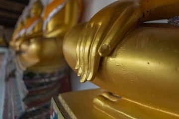 Buddha statue focus on hands with nature green background 