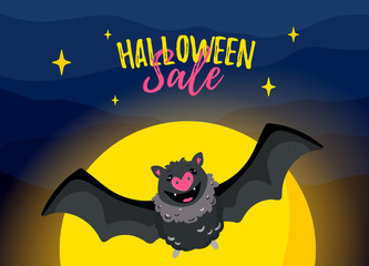 Halloween sale template with cute flying bat. Discount spooky banner, special offer promotions in scary nighttime scene. Party invitation, ad signboard, social media decor on a full moon background