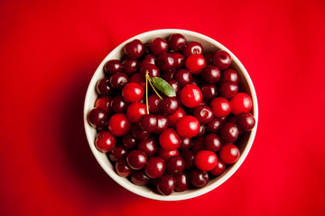 red cherry in a white plate on a red background