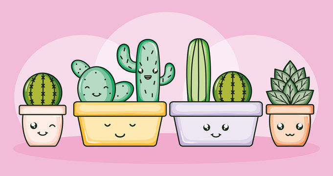 cactus plants in pots kawaii characters vector de Stock | Adobe Stock