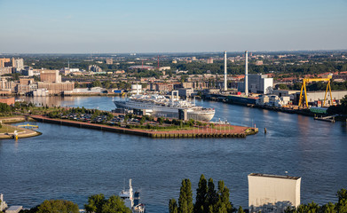 Rotterdam Netherlands city and harbor. Aerial view from Euromast tower, sunny day