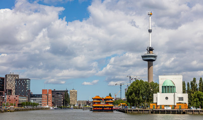 Cityscape and river Maas near the harbor. Rotterdam, Netherlands.