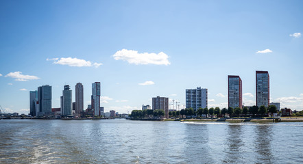 Fototapeta na wymiar Cityscape and Erasmus bridge, sunny day. Rotterdam, Netherlands.