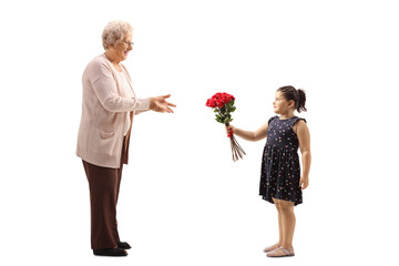 Little girl giving a bunch of red roses to a grandmother
