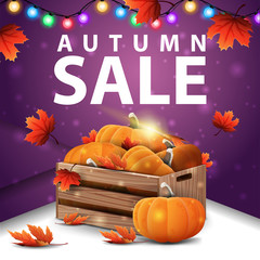 Autumn sale, square purple banner with wooden crates of ripe pumpkins and autumn eaves