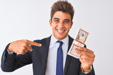 Young handsome businessman wearing suit holding dollars over isolated white background with surprise face pointing finger to himself